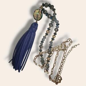 Blue Leather Aurora Borealis AB Blue Crystal‎ Glass Bead Tassel Necklace 32"